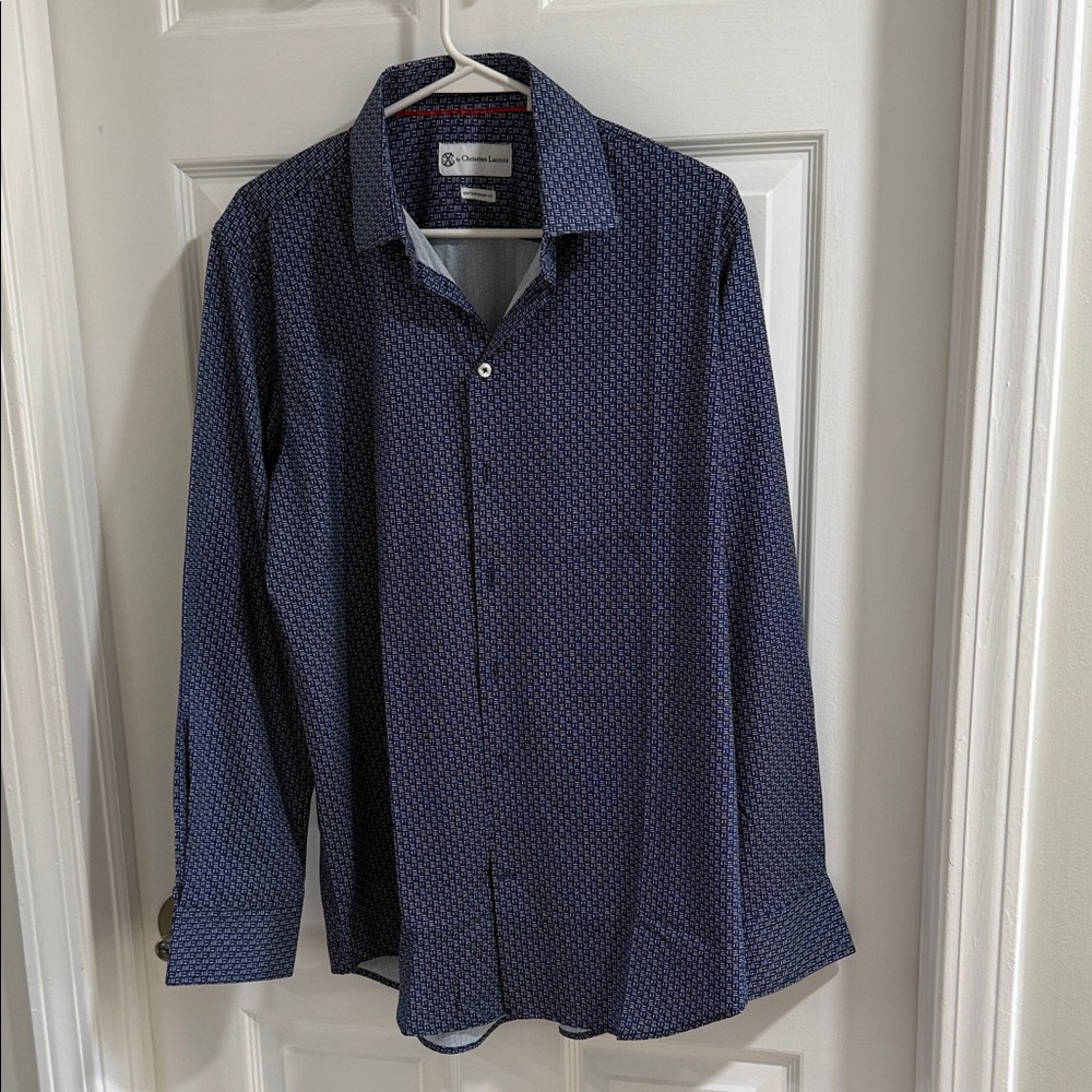 Navy Blue Micro-Pattern Long Sleeve Shirt